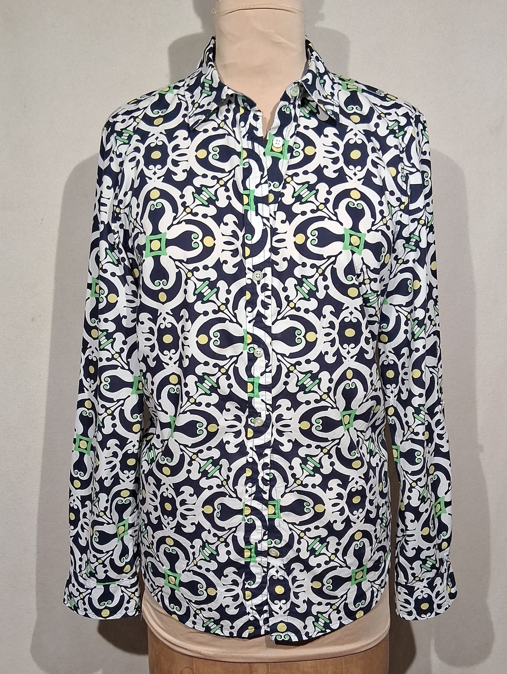 Talbots Navy, White & Green Geometric Cotton Button-Down Shirt